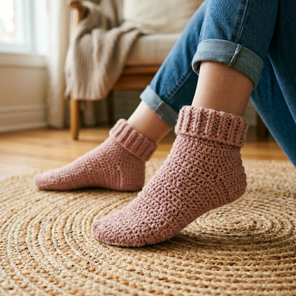 Dusty Rose Ribbed Ankle Socks Free Crochet Pattern