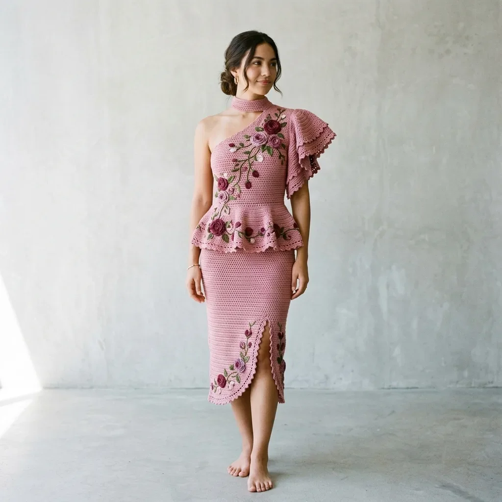 Dusty Rose Vine Crochet Midi Dress Free Pattern