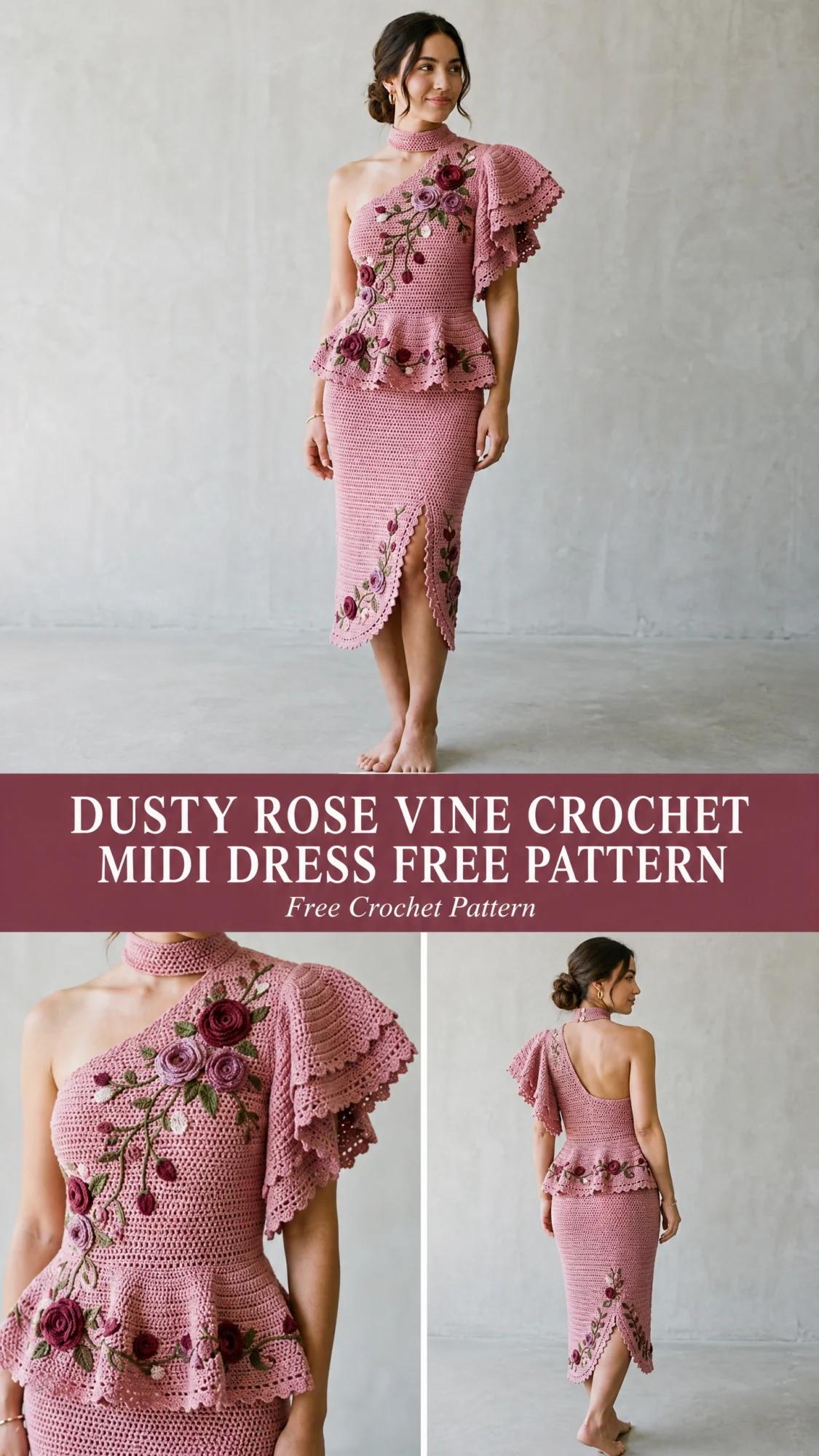 Dusty Rose Vine Crochet Midi Dress Free Pattern