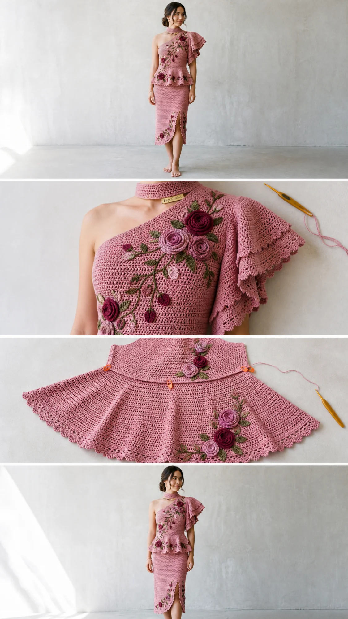 Dusty Rose Vine Crochet Midi Dress Free Pattern