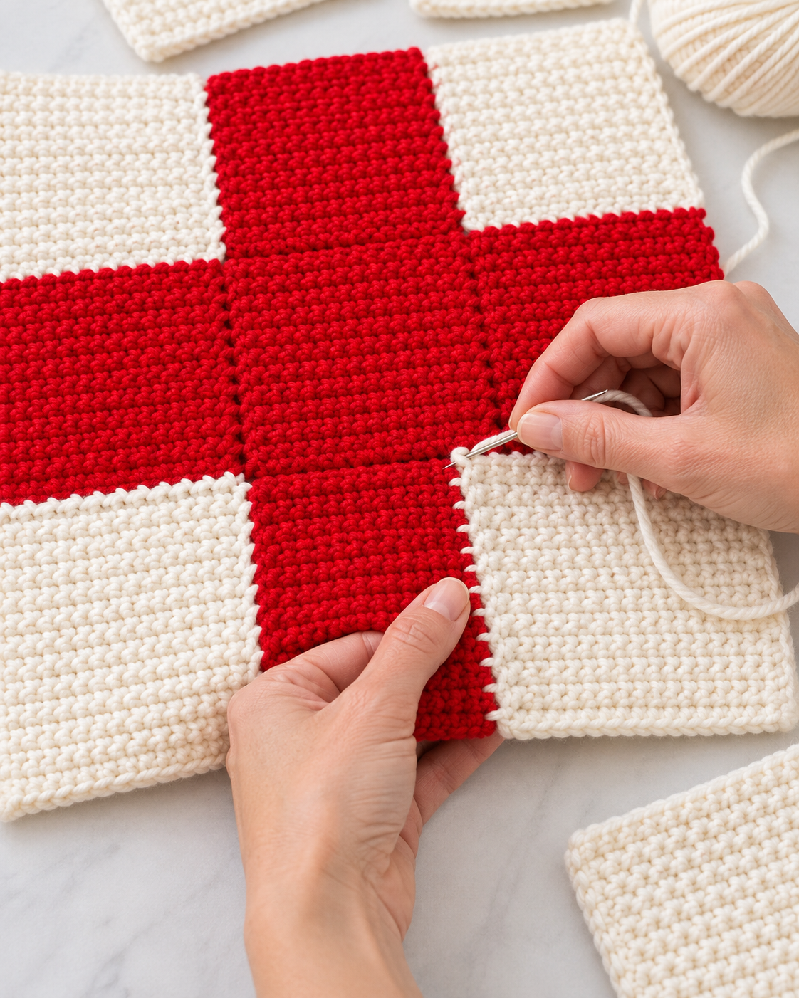 Hands join cream crochet squares with cherry-red cross motifs using a yarn needle.