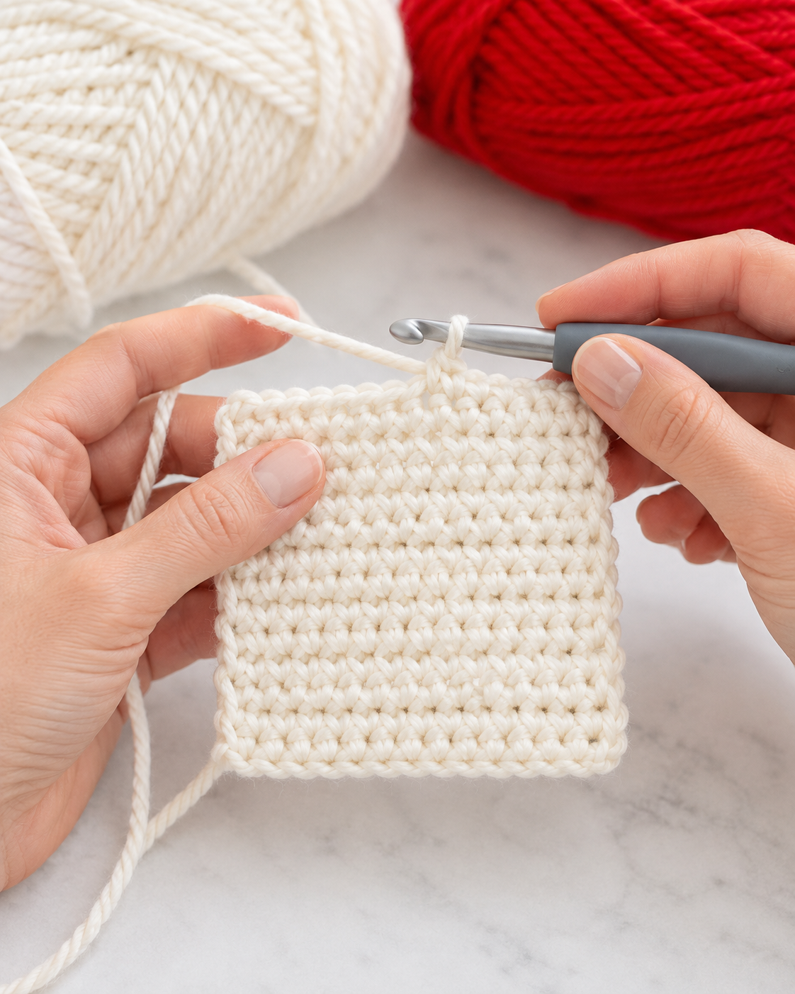Hands crochet a cream single-crochet square for the pillow cover.