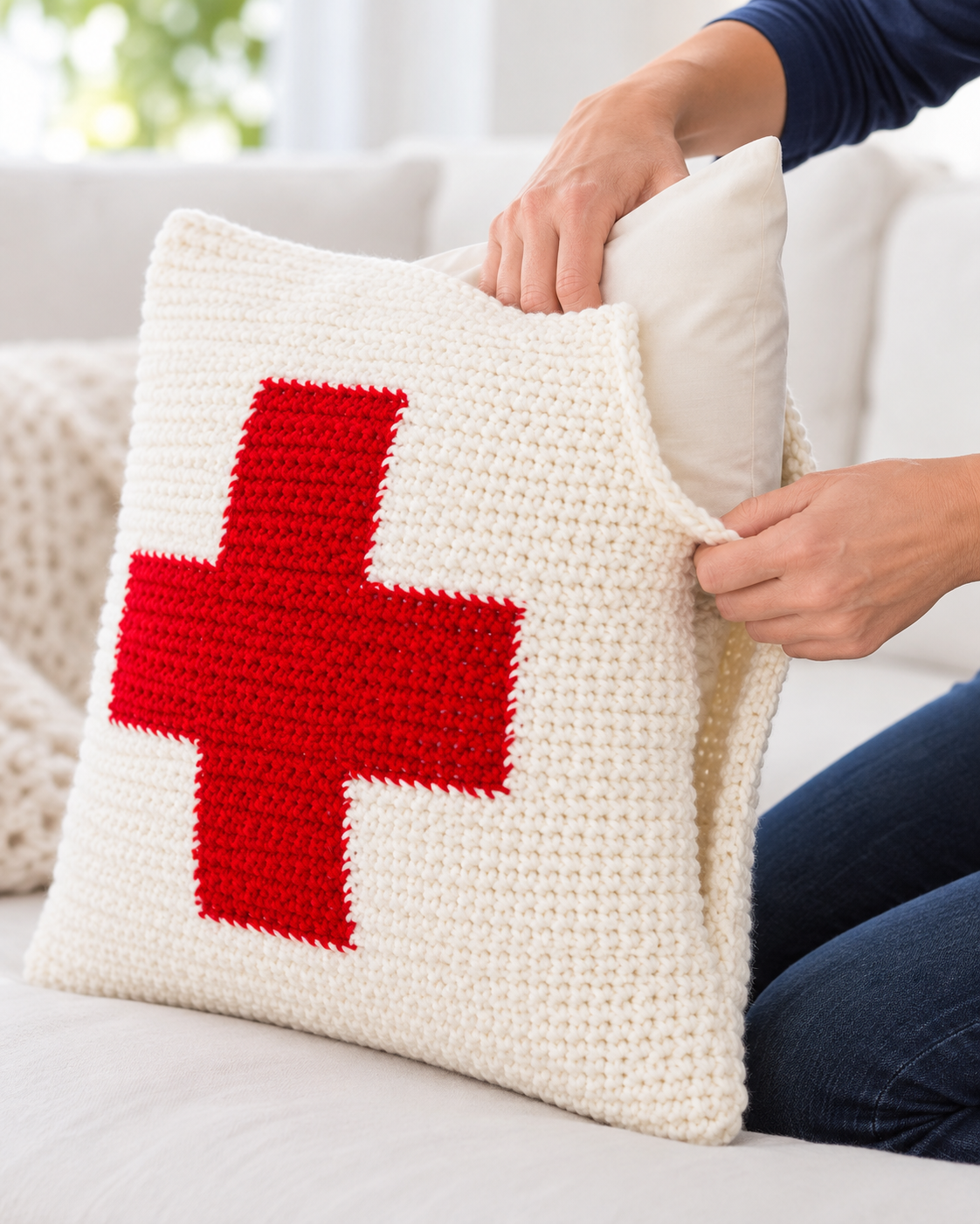 A pillow form is inserted into the joined crochet cover.