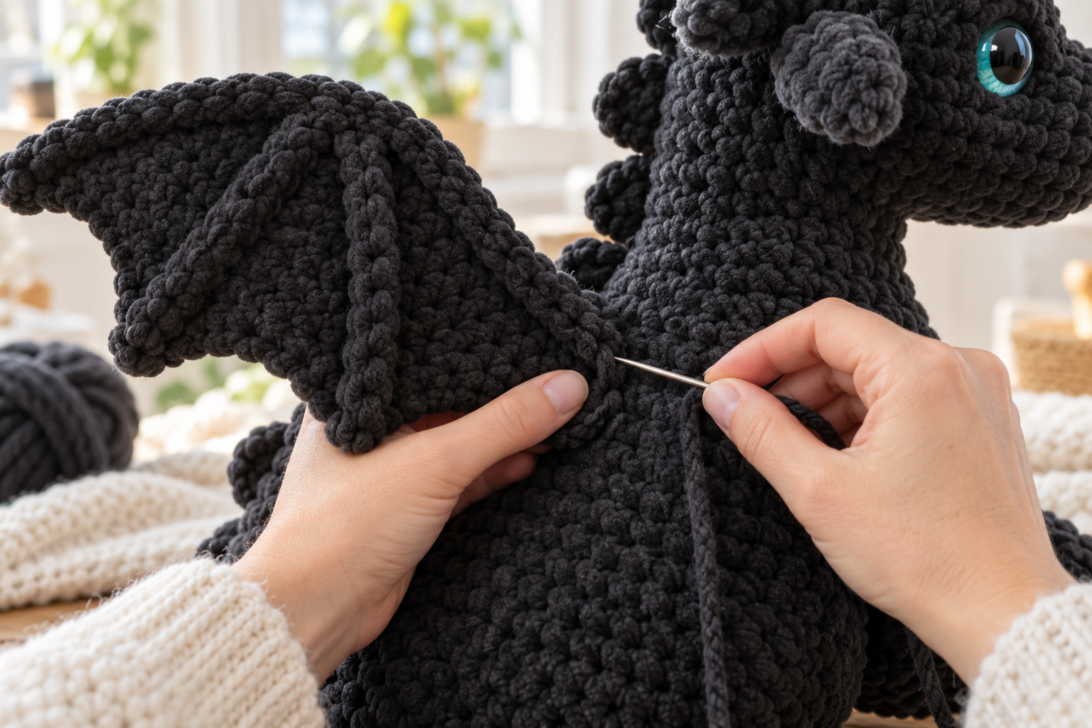Close-up of hands sewing a crocheted wing onto a black blanket-yarn amigurumi dragon with a tapestry needle.