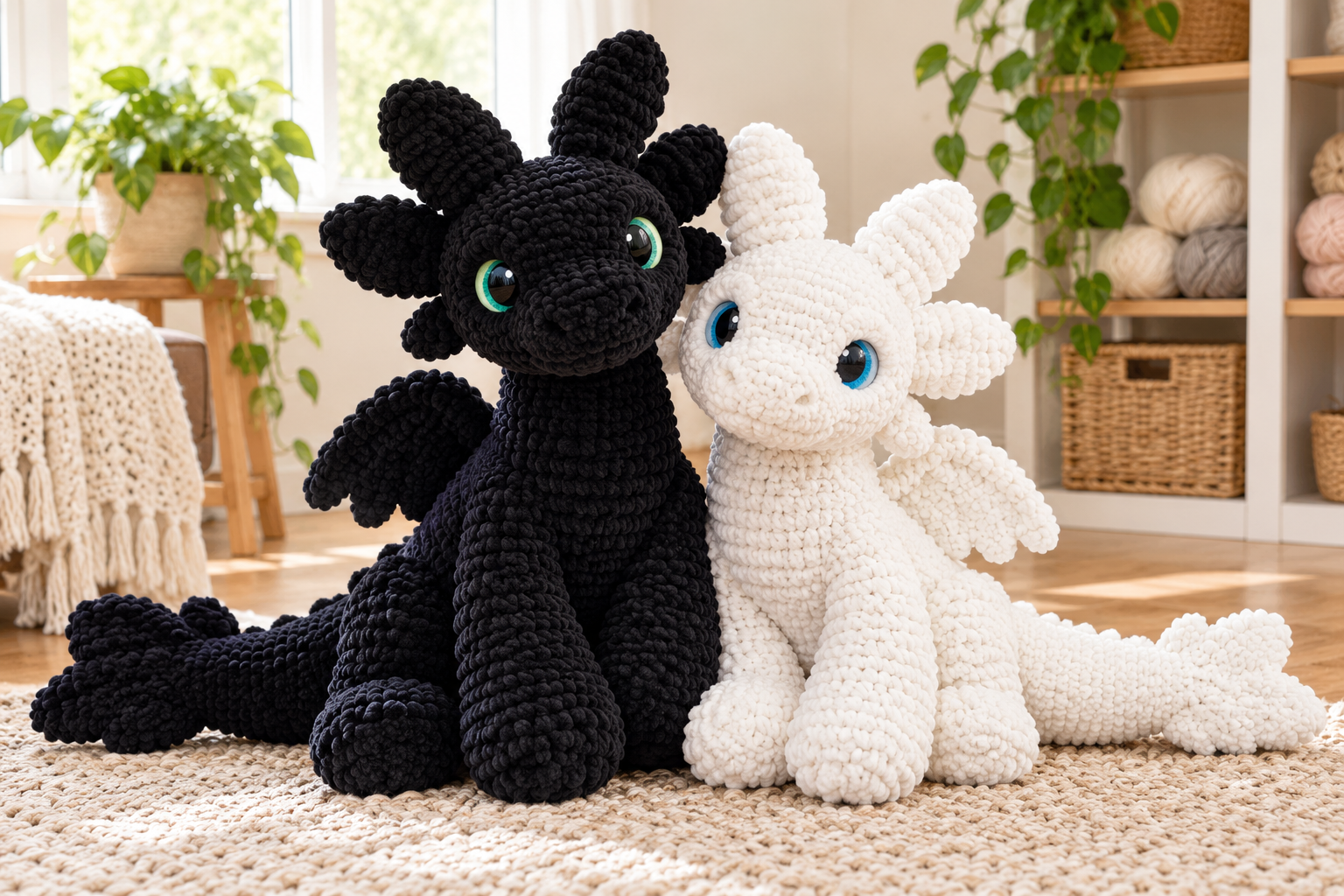 Oversized black and ivory crocheted amigurumi dragons with soft wings, long tails, and chunky blanket-yarn stitches.