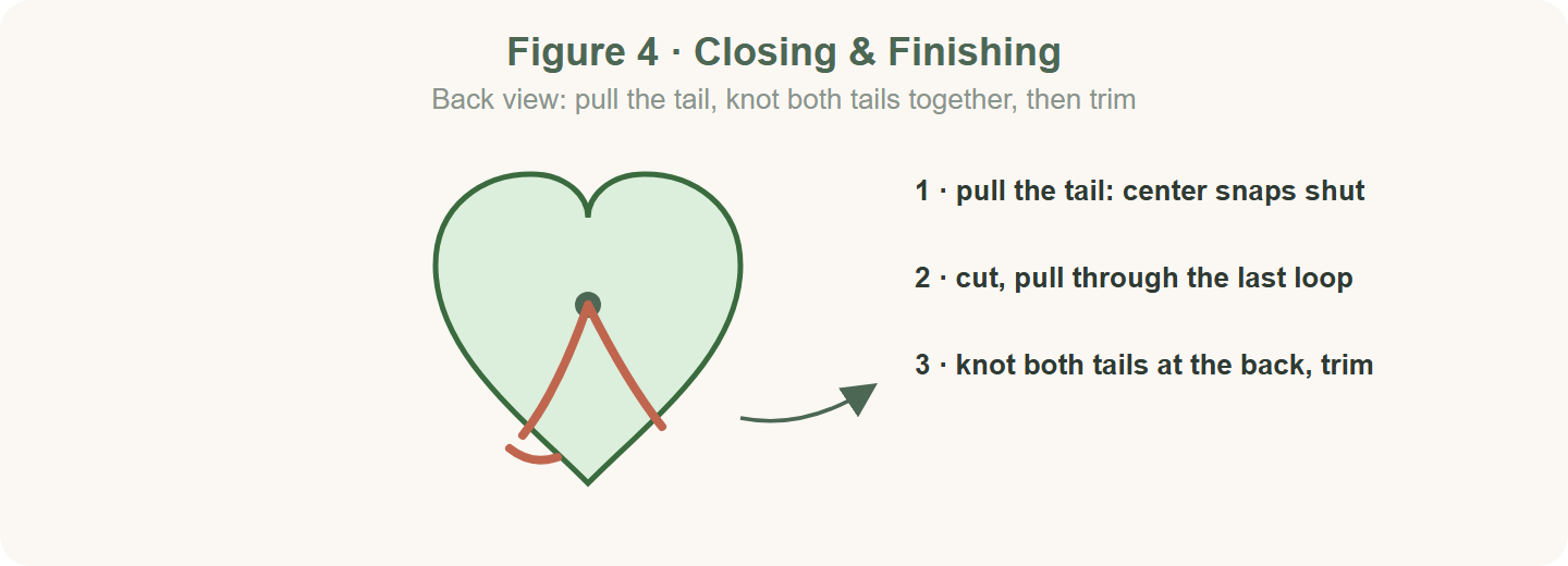 Closing the magic circle and hiding tails on a flat crochet heart applique, back view