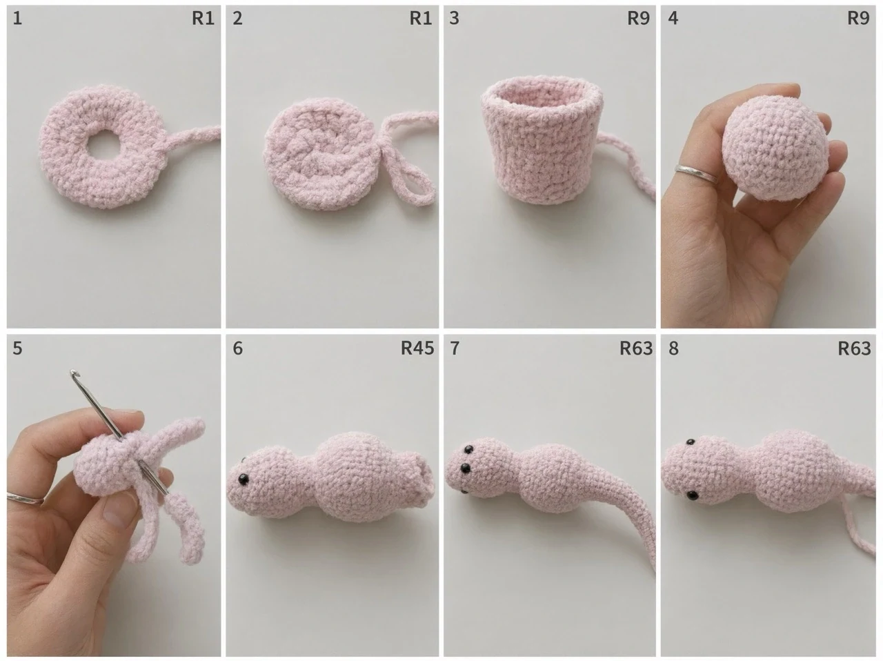 Crochet flower dragon head, body, and tail construction reference