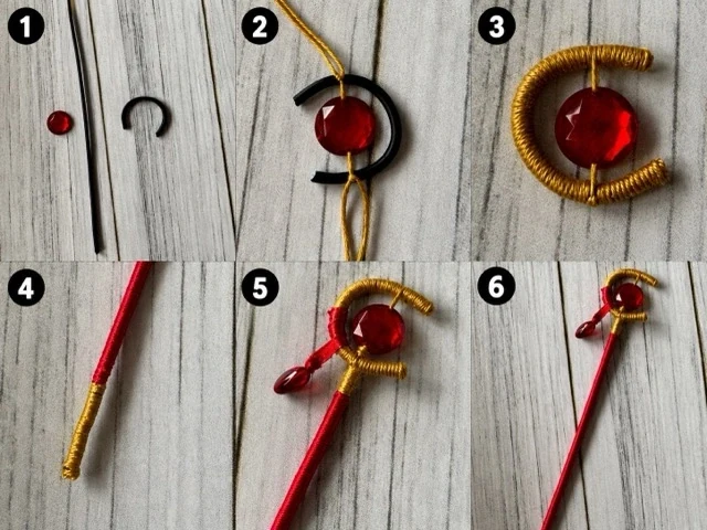 Six-step collage showing the wire, red beads, and yarn wrapping used to make the Frieren doll wand.