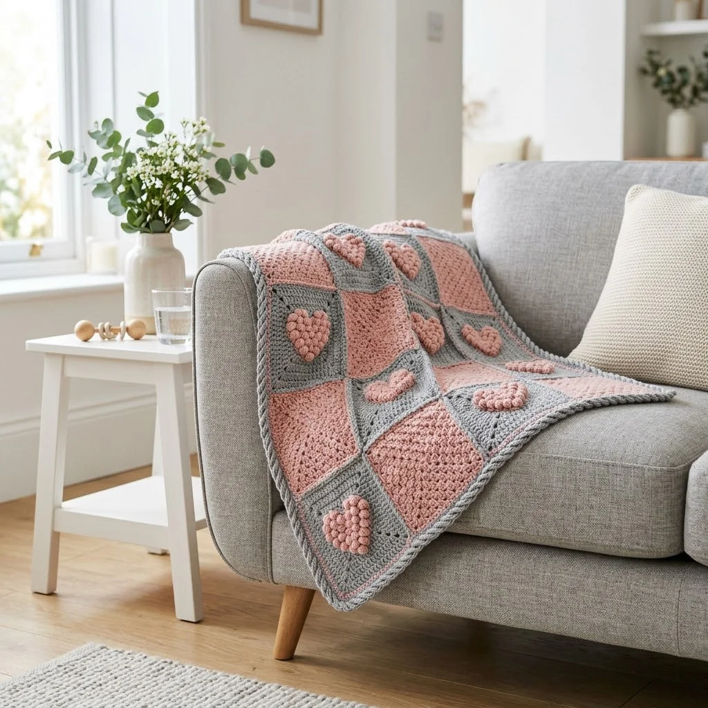 Gray and Pink Heart Granny Square Blanket Free Crochet Pattern