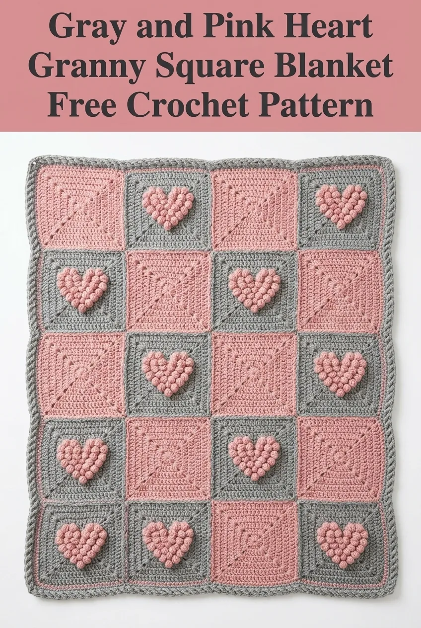 Gray and Pink Heart Granny Square Blanket Free Crochet Pattern