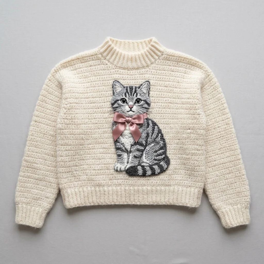 Gray Tabby Cat Bow Sweater Free Crochet Pattern