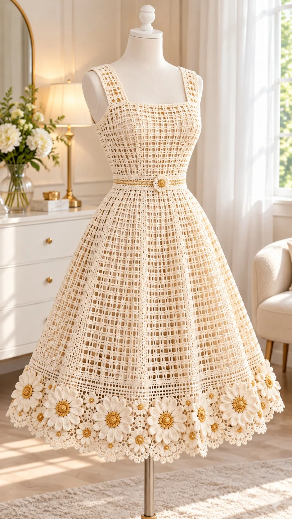 Ivory filet crochet tea dress on dress form with golden-centered daisy appliqués along the hem and delicate scalloped border