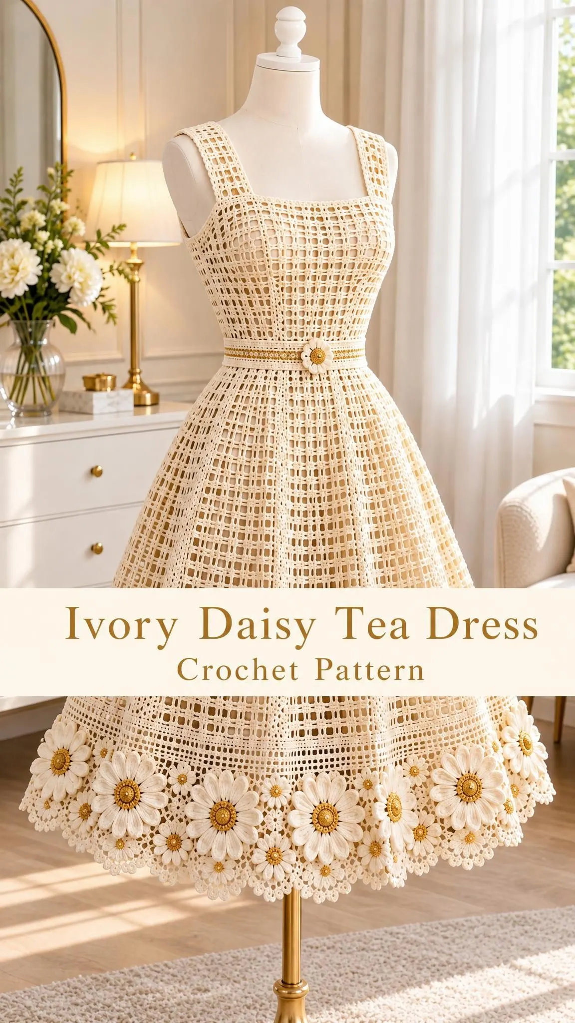 Vintage-inspired crochet dress featuring square neckline, fitted openwork bodice, and flared knee-length skirt with daisy decorations