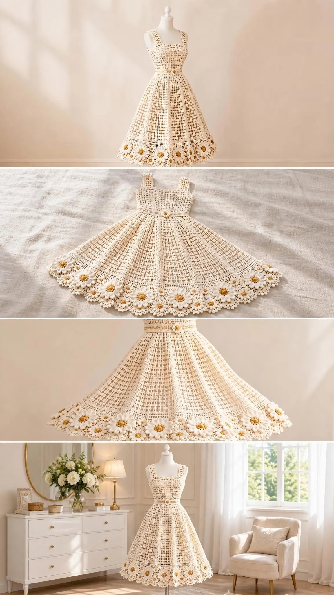 Close-up of ivory crochet tea dress showing filet stitch pattern, waist belt detail, and layered daisy flowers with gold centers at hem