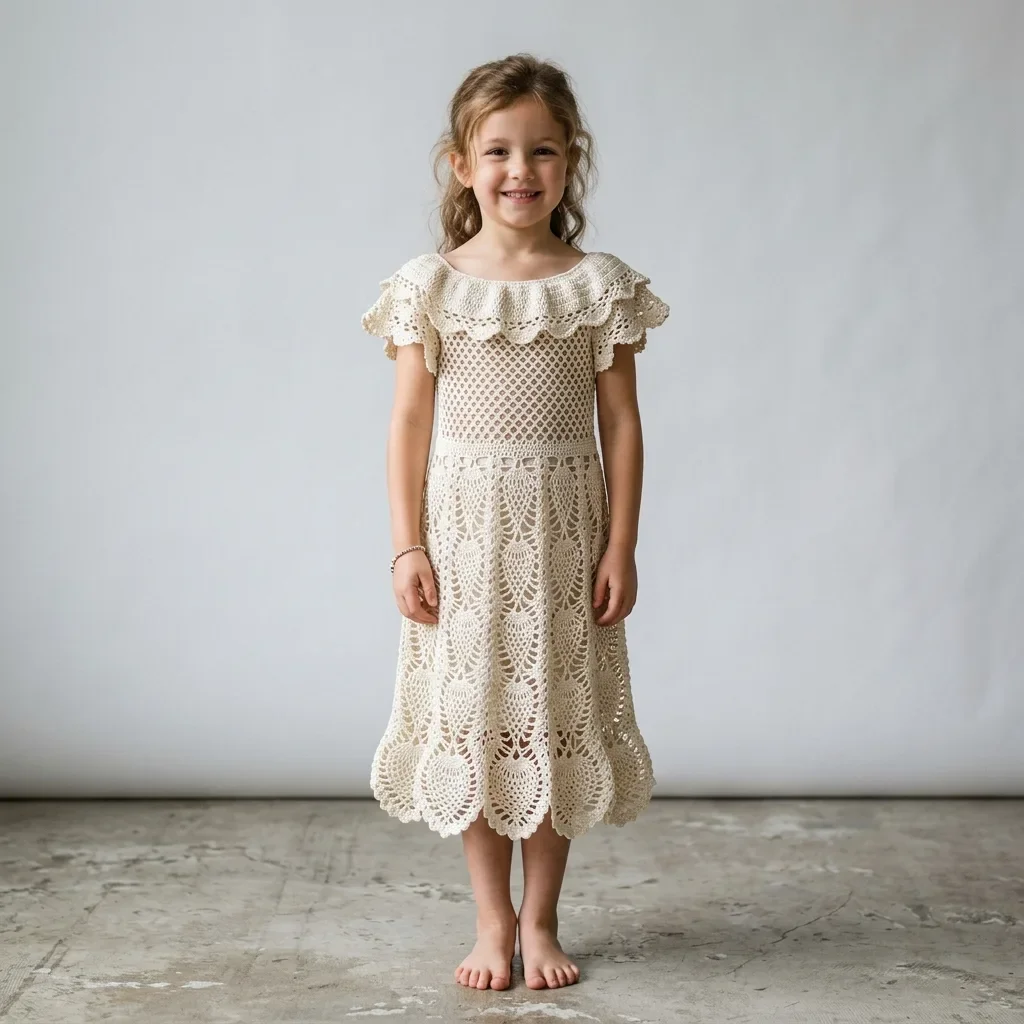 Ivory Pineapple Lace Girl Dress Free Crochet Pattern