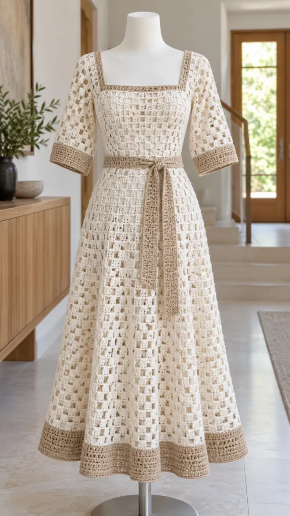 Ivory crochet midi dress with windowpane lattice pattern displayed on a white mannequin featuring square neckline and sand colored belt