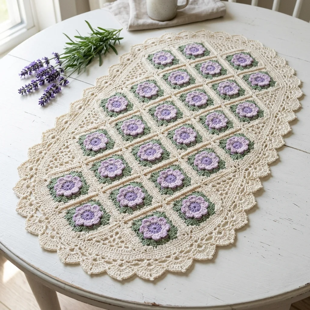 Lavender Bloom Granny Square Table Runner Free Crochet Pattern