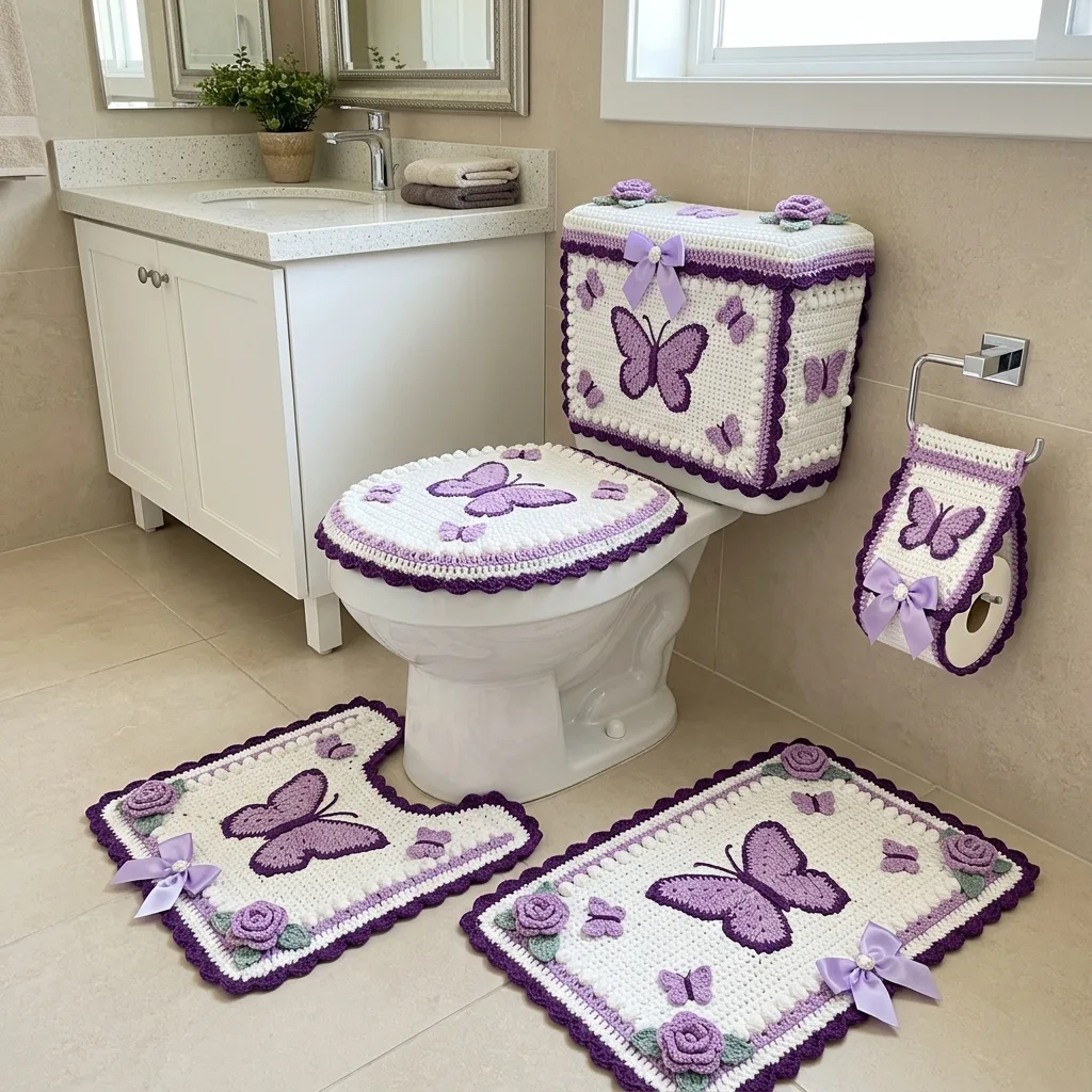 Lavender Butterfly Bathroom Set Free Crochet Pattern