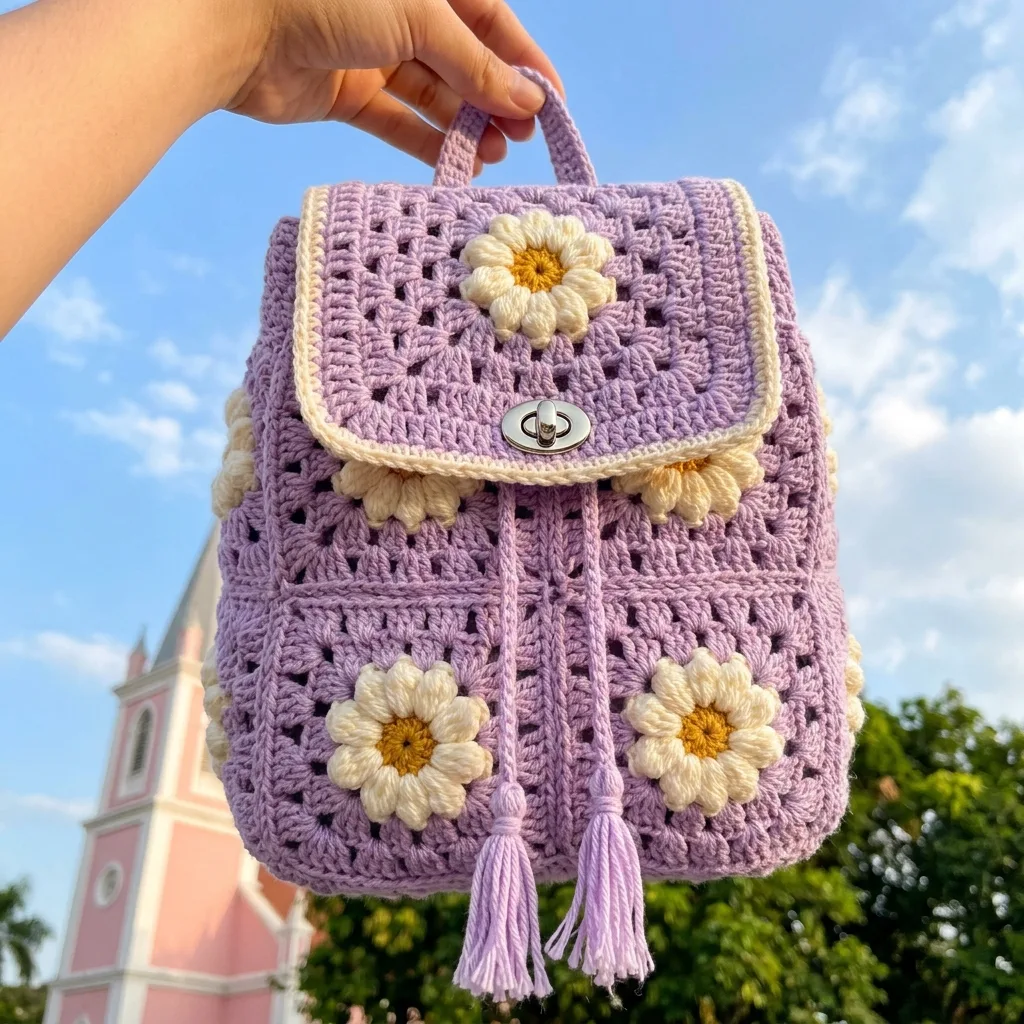 Lavender Daisy Granny Square Backpack Free Crochet Pattern