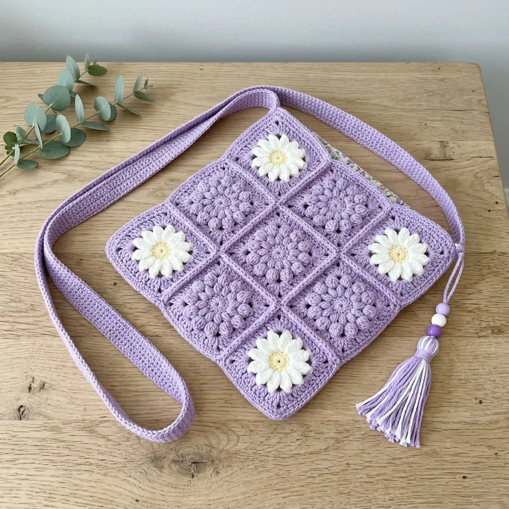 Lavender Daisy Granny Square Bag Free Crochet Pattern