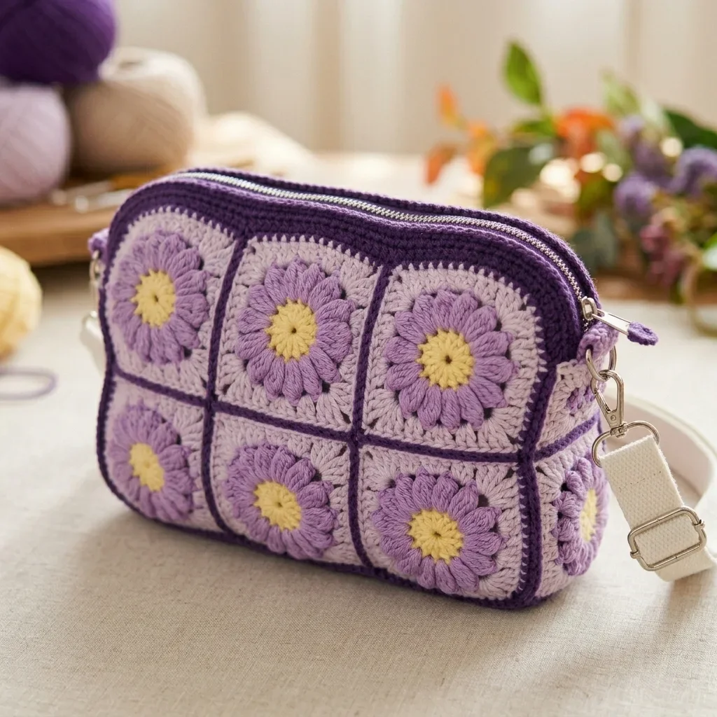 Lavender Field Granny Square Pouch Free Crochet Pattern
