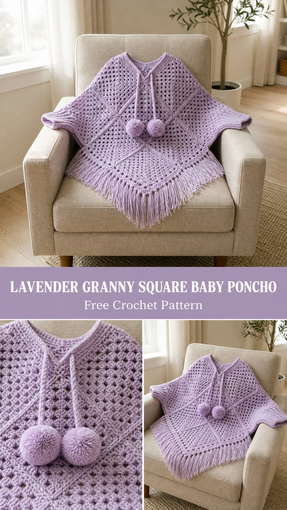 Lavender Granny Square Baby Poncho Free Crochet Pattern