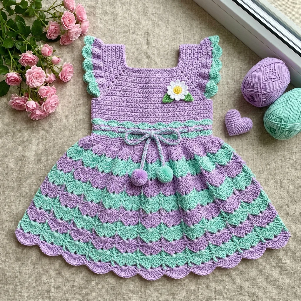 Lavender Mint Shell Stitch Baby Dress Free Crochet Pattern