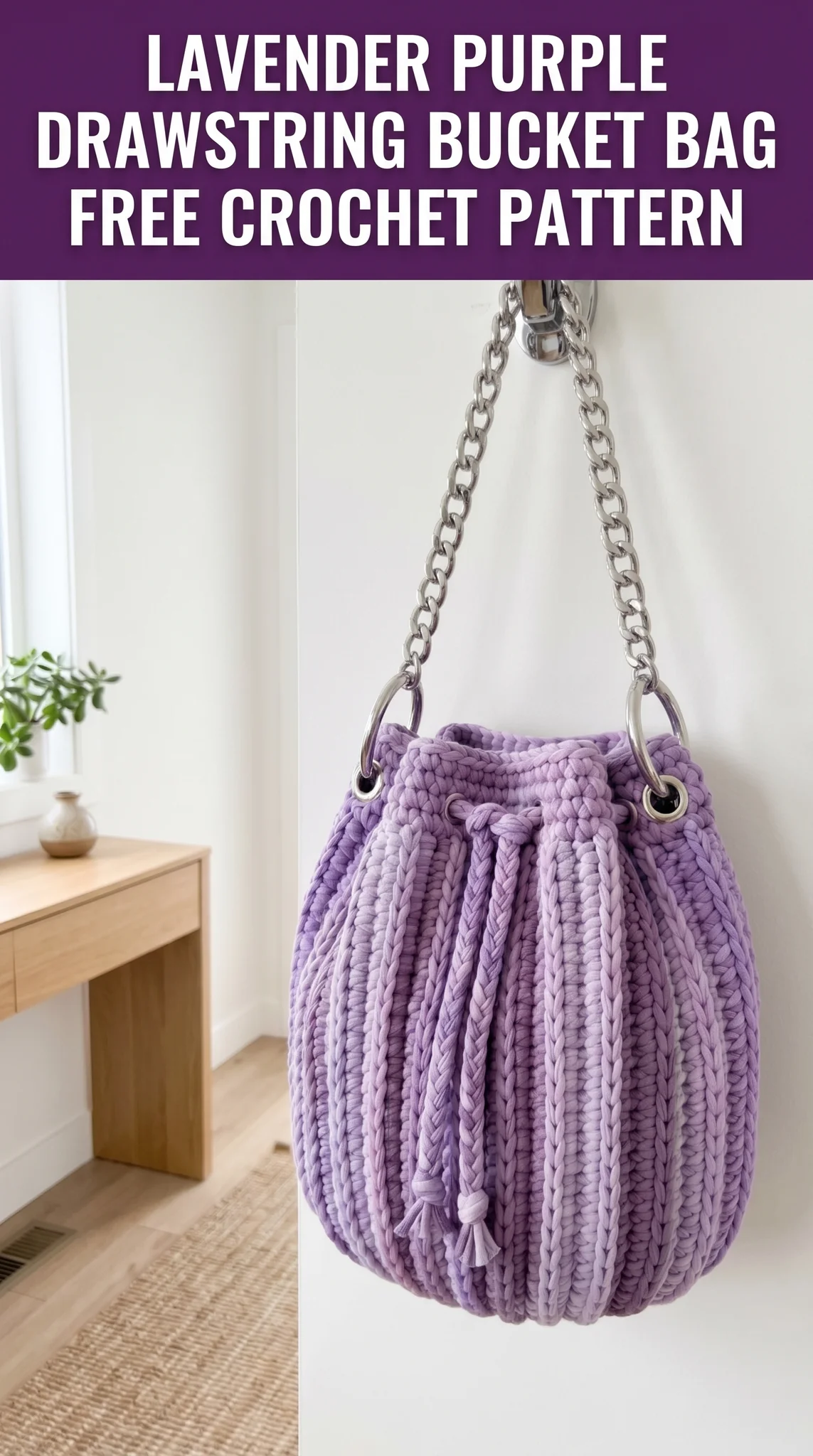 Lavender Purple Drawstring Bucket Bag Free Crochet Pattern
