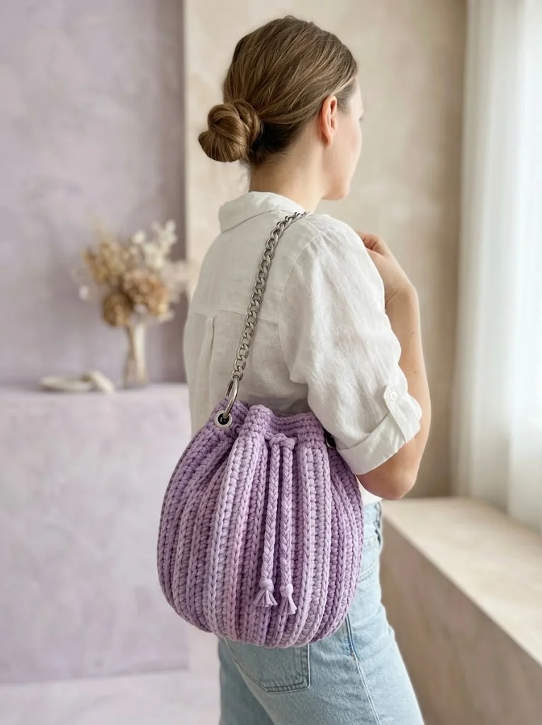 Lavender Purple Drawstring Bucket Bag Free Crochet Pattern