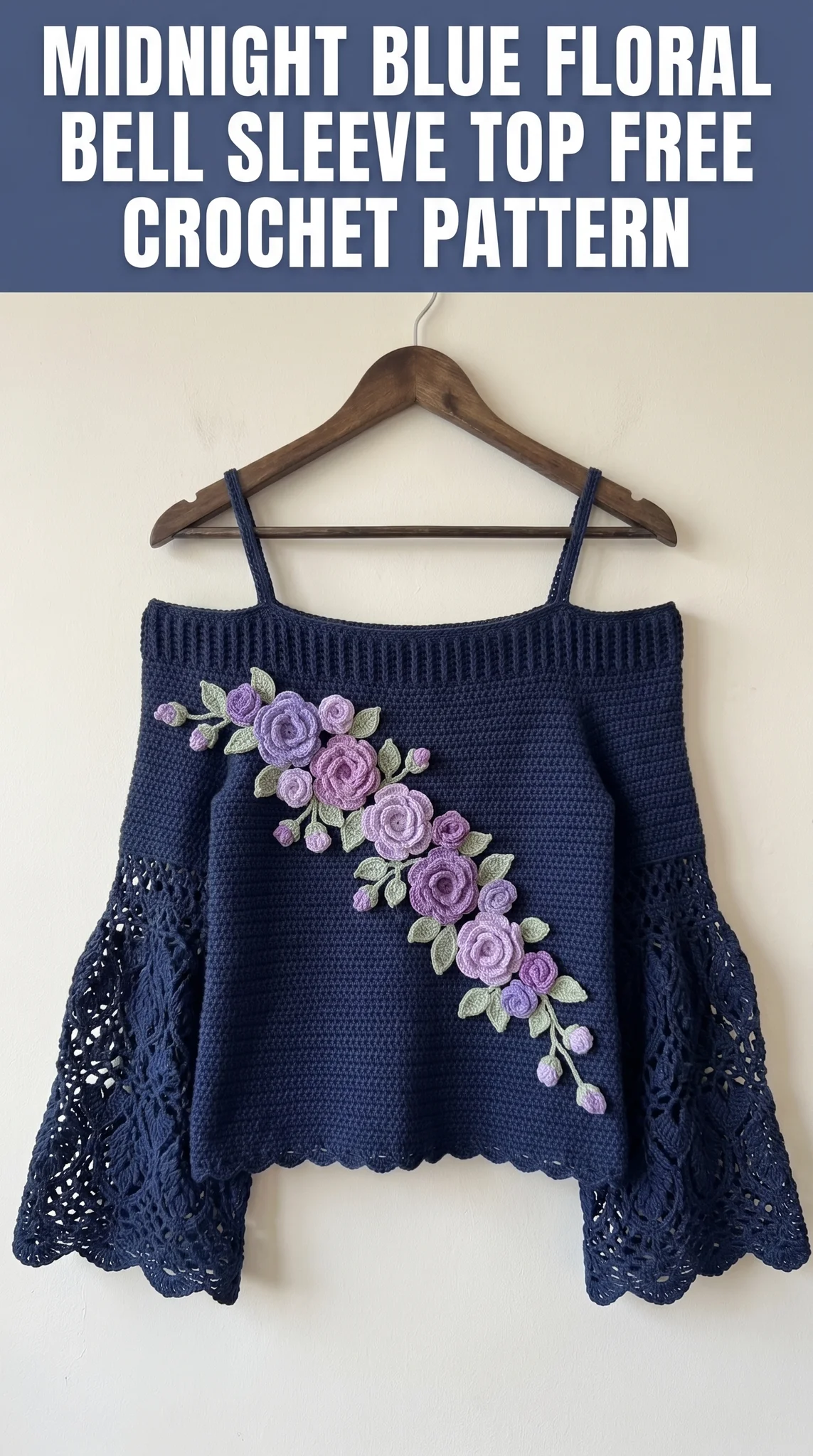Midnight Blue Floral Bell Sleeve Top Free Crochet Pattern