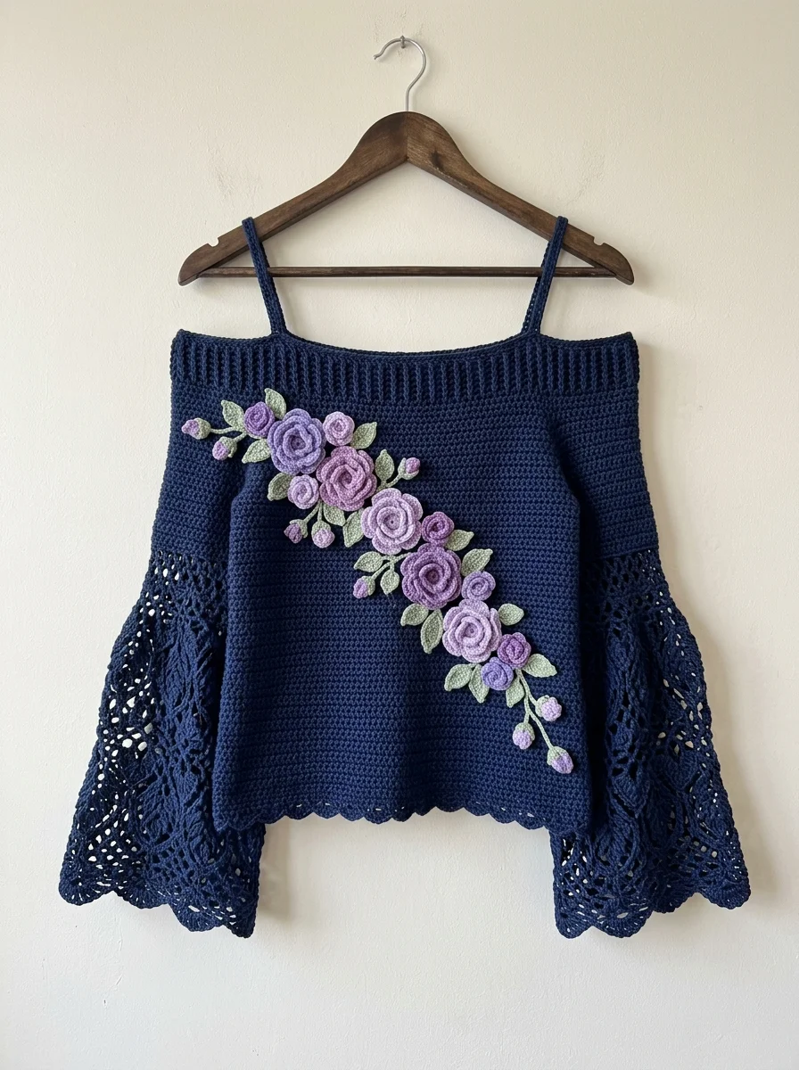 Midnight Blue Floral Bell Sleeve Top Free Crochet Pattern