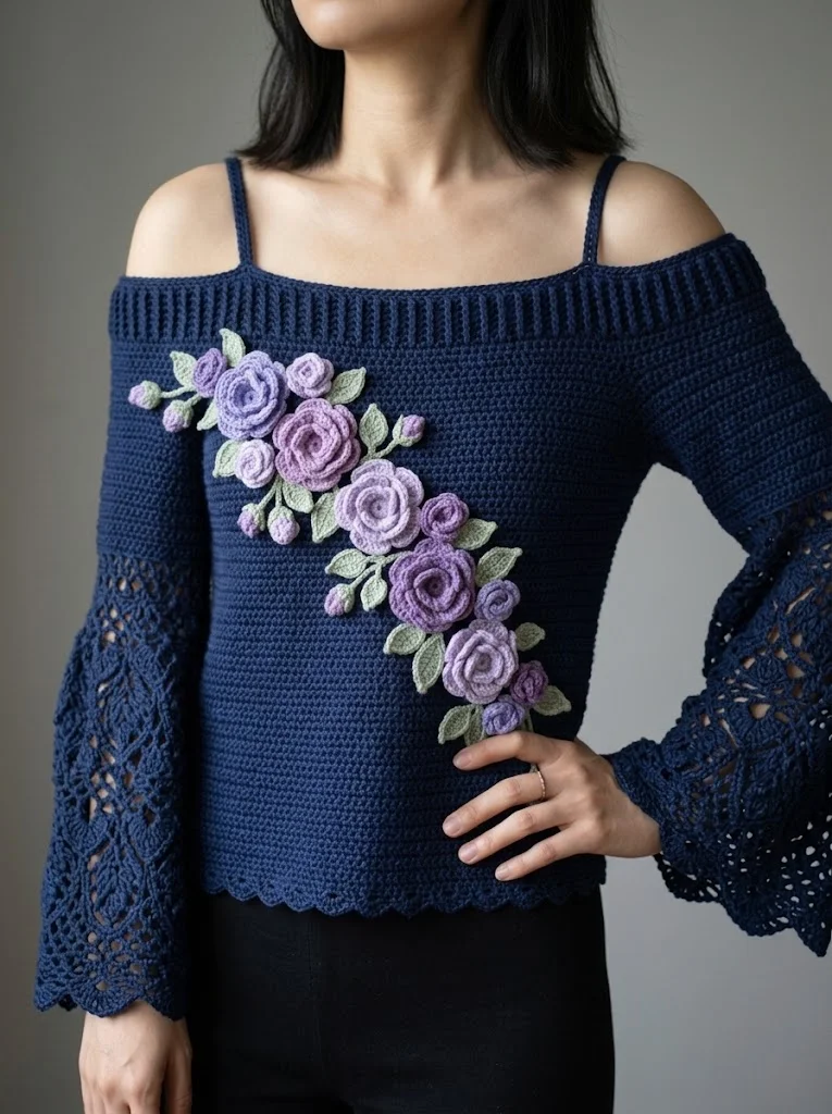 Midnight Blue Floral Bell Sleeve Top Free Crochet Pattern
