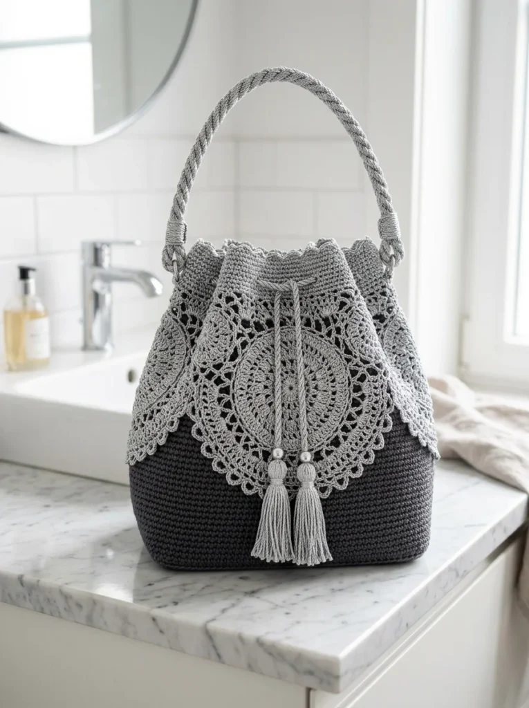 Midnight Silver Lace Bucket Bag Free Crochet Pattern
