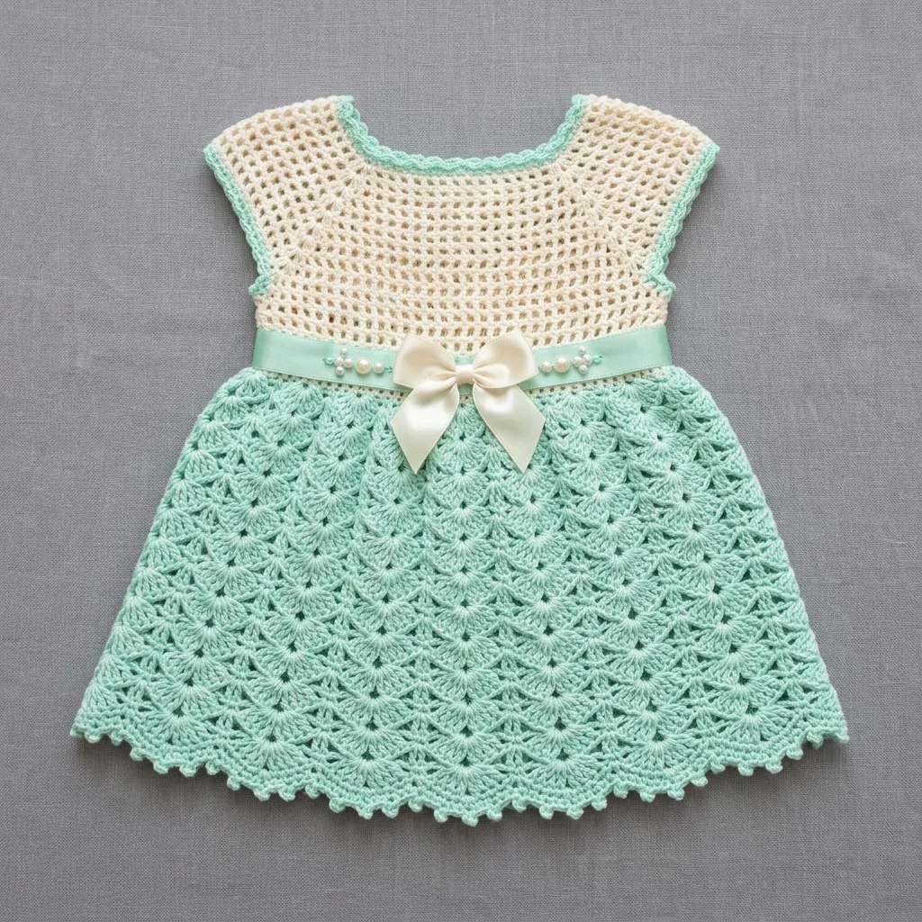 Mint and Cream Baby Dress Free Crochet Pattern