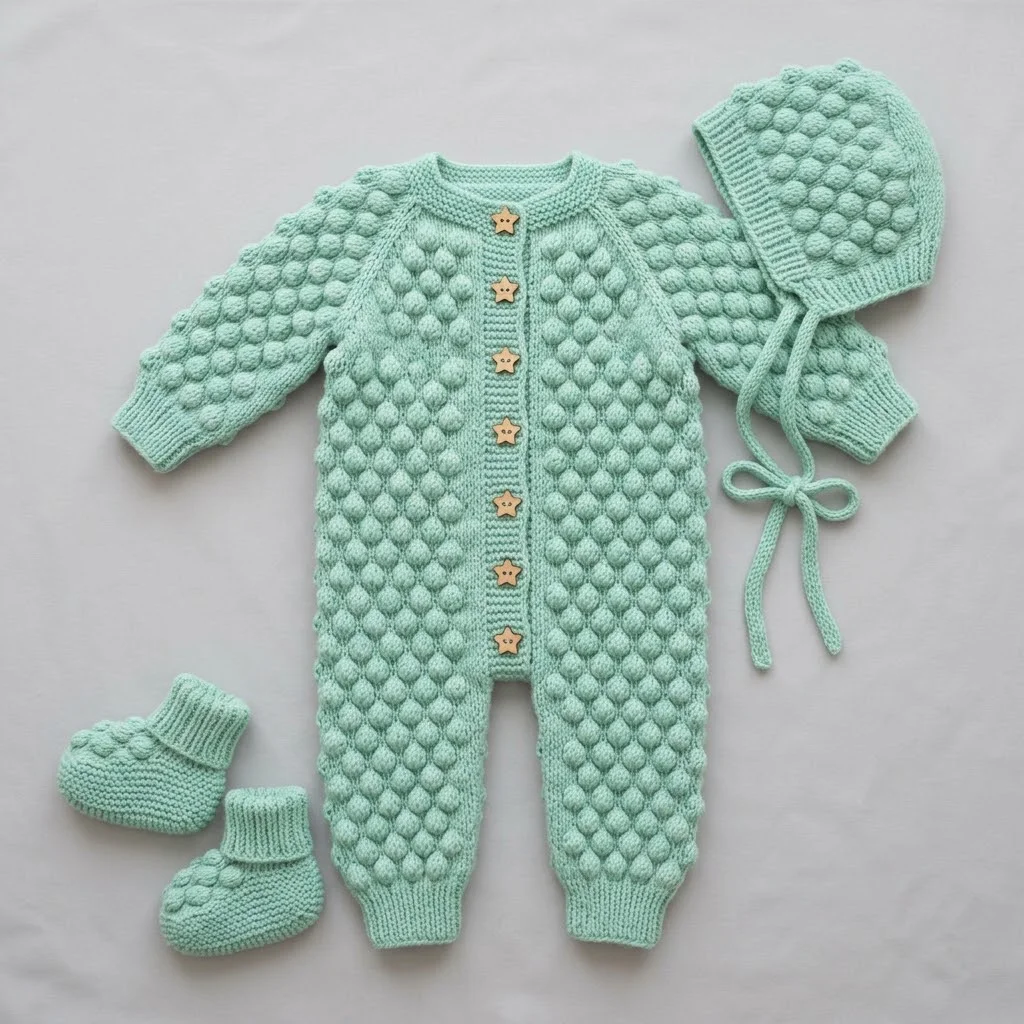 Mint Green Popcorn Stitch Baby Jumpsuit Free Crochet Pattern