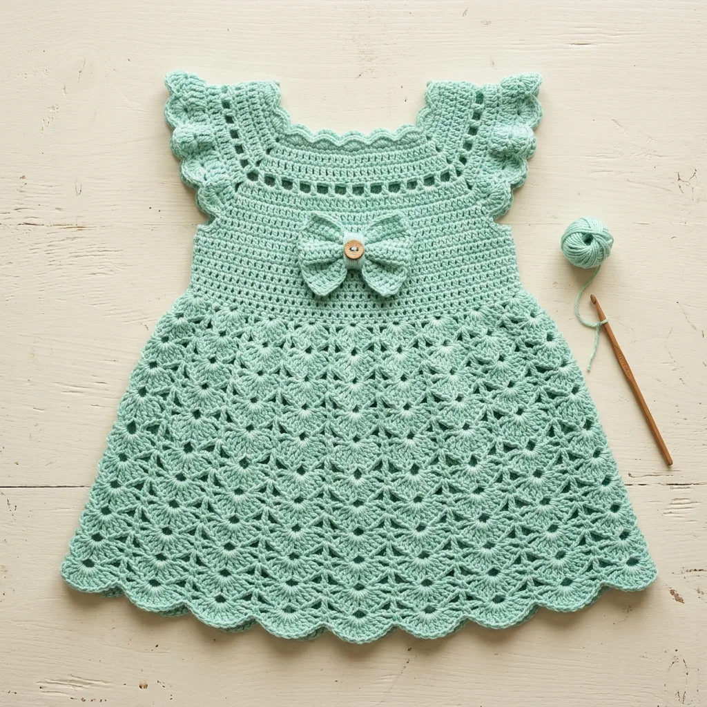 Mint Green Shell Stitch Baby Dress Free Crochet Pattern