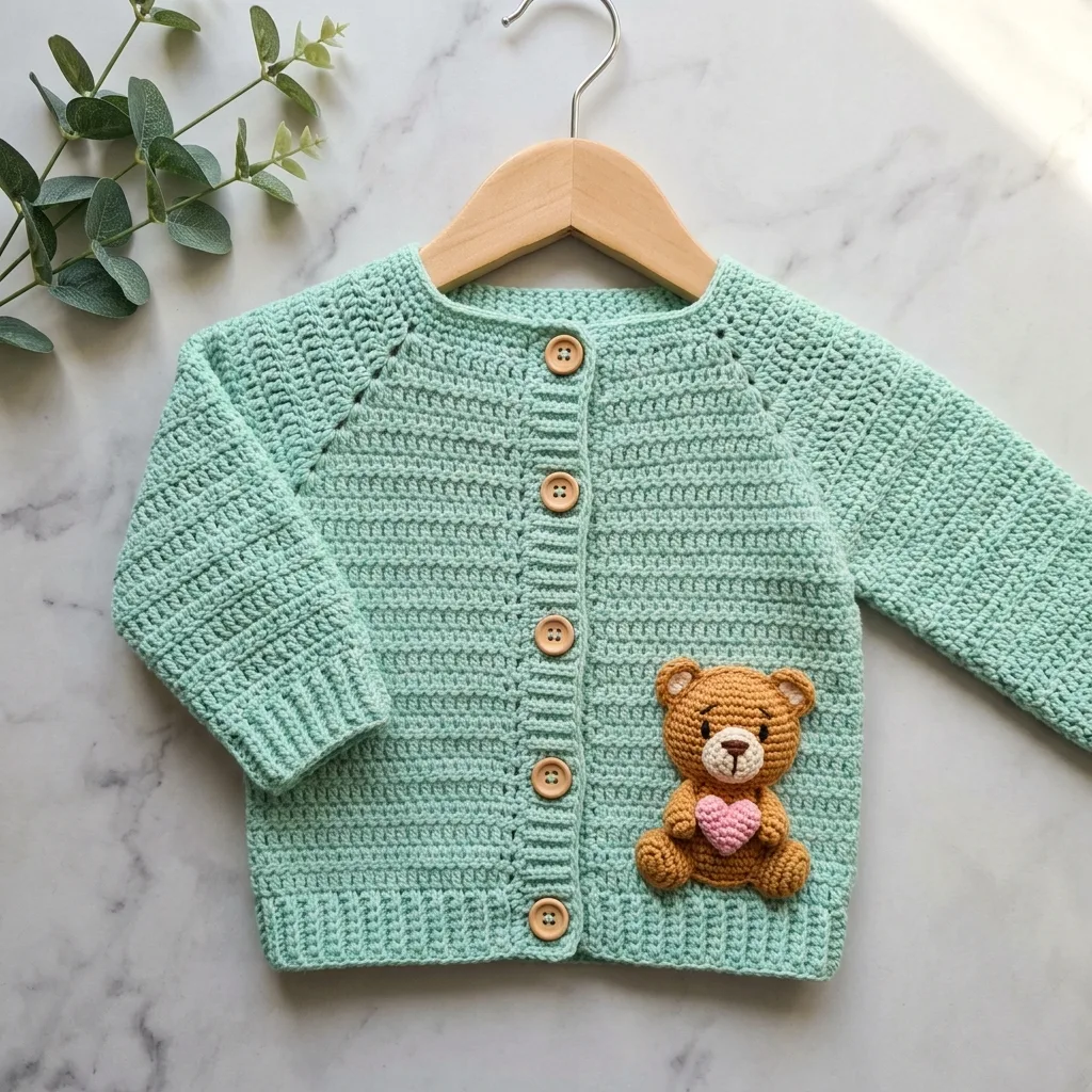 Mint Green Teddy Bear Baby Sweater Free Crochet Pattern