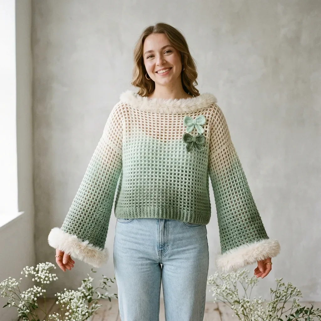 Mint Sage Gradient Bow Sweater Free Crochet Pattern