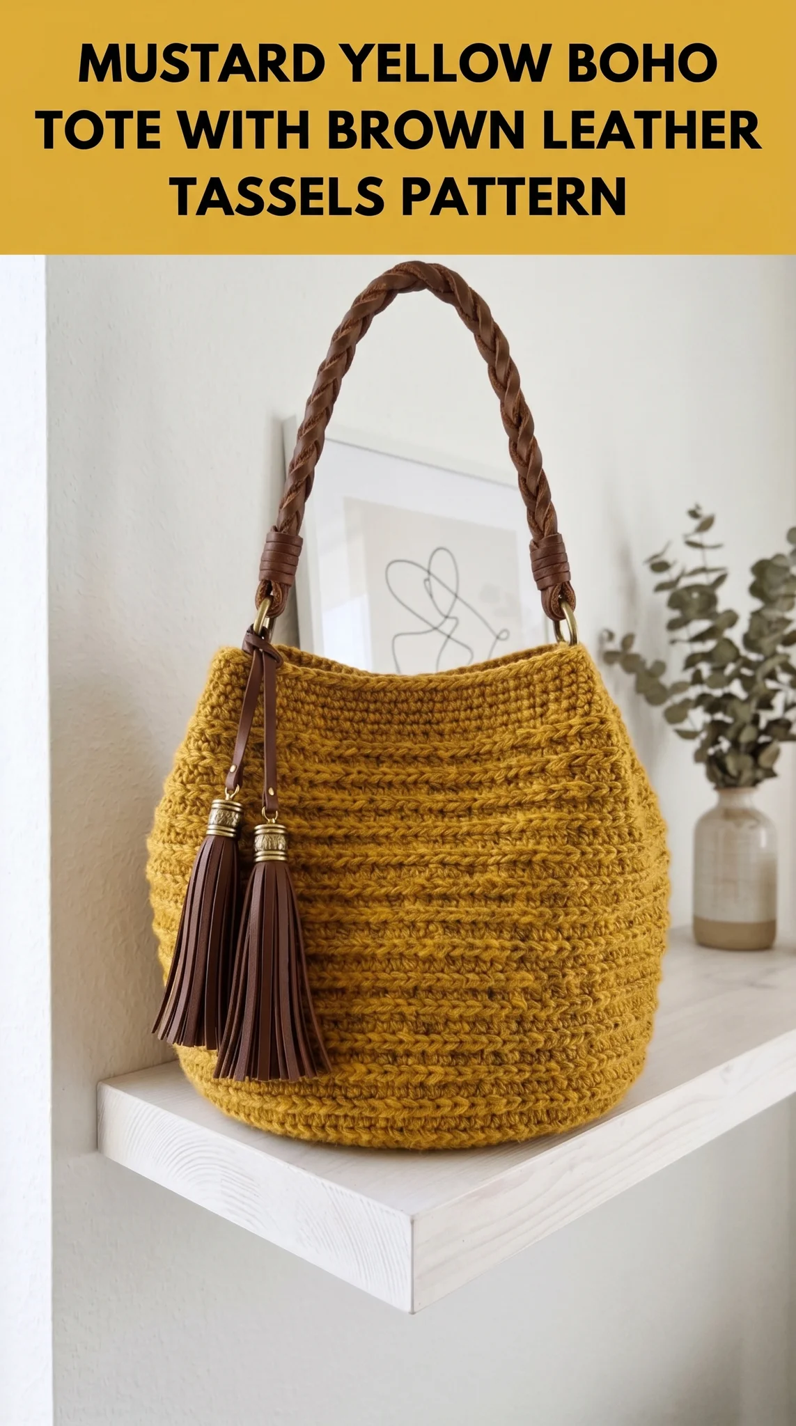 Mustard Yellow Boho Tote with Brown Leather Tassels Pattern