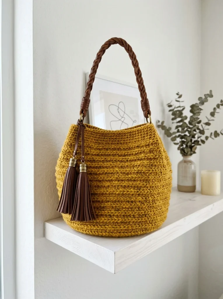 Mustard Yellow Boho Tote with Brown Leather Tassels Pattern