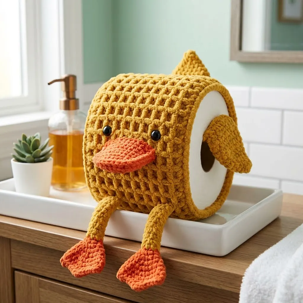 Mustard Yellow Duck Toilet Paper Cozy Free Crochet Pattern