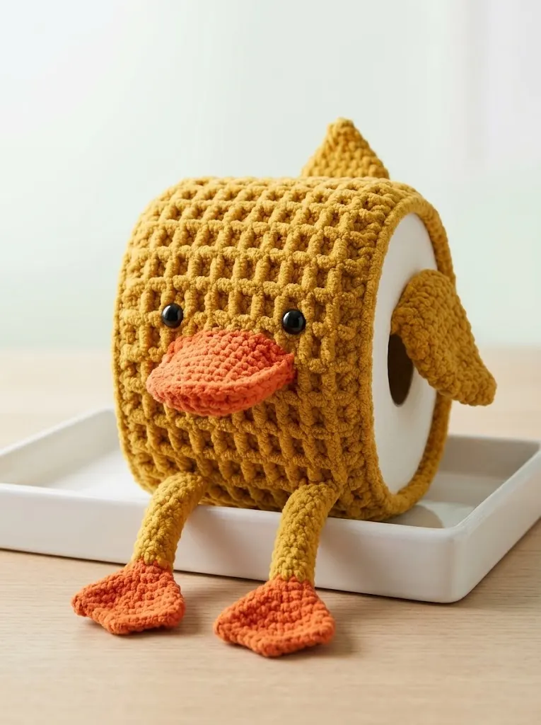 Mustard Yellow Duck Toilet Paper Cozy Free Crochet Pattern