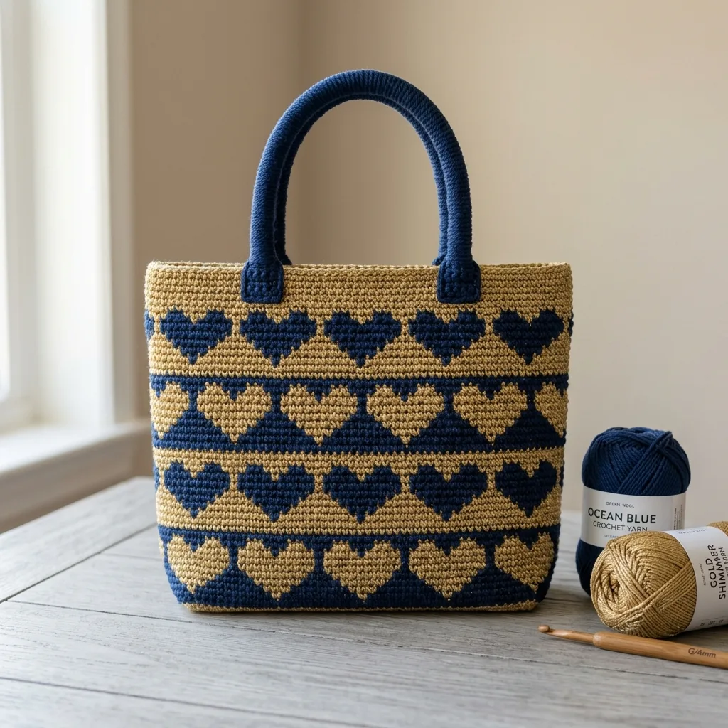 Navy and Gold Heart Tote Bag Free Crochet Pattern