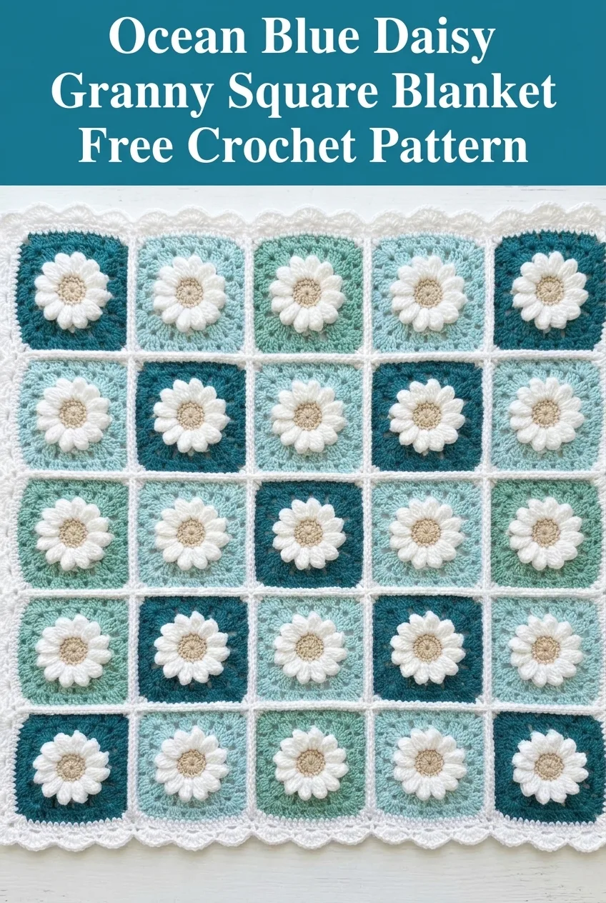 Ocean Blue Daisy Granny Square Blanket Free Crochet Pattern
