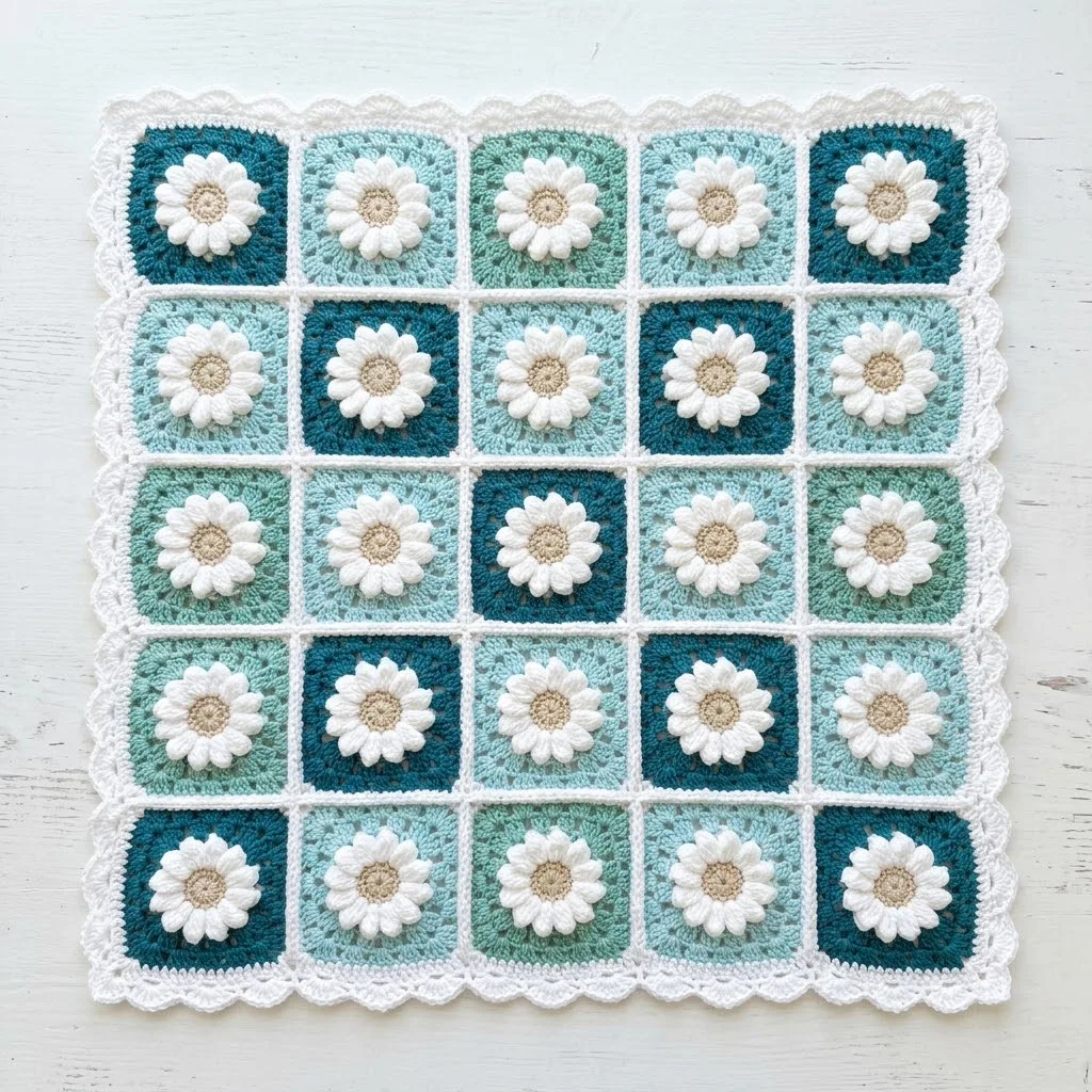 Ocean Blue Daisy Granny Square Blanket Free Crochet Pattern