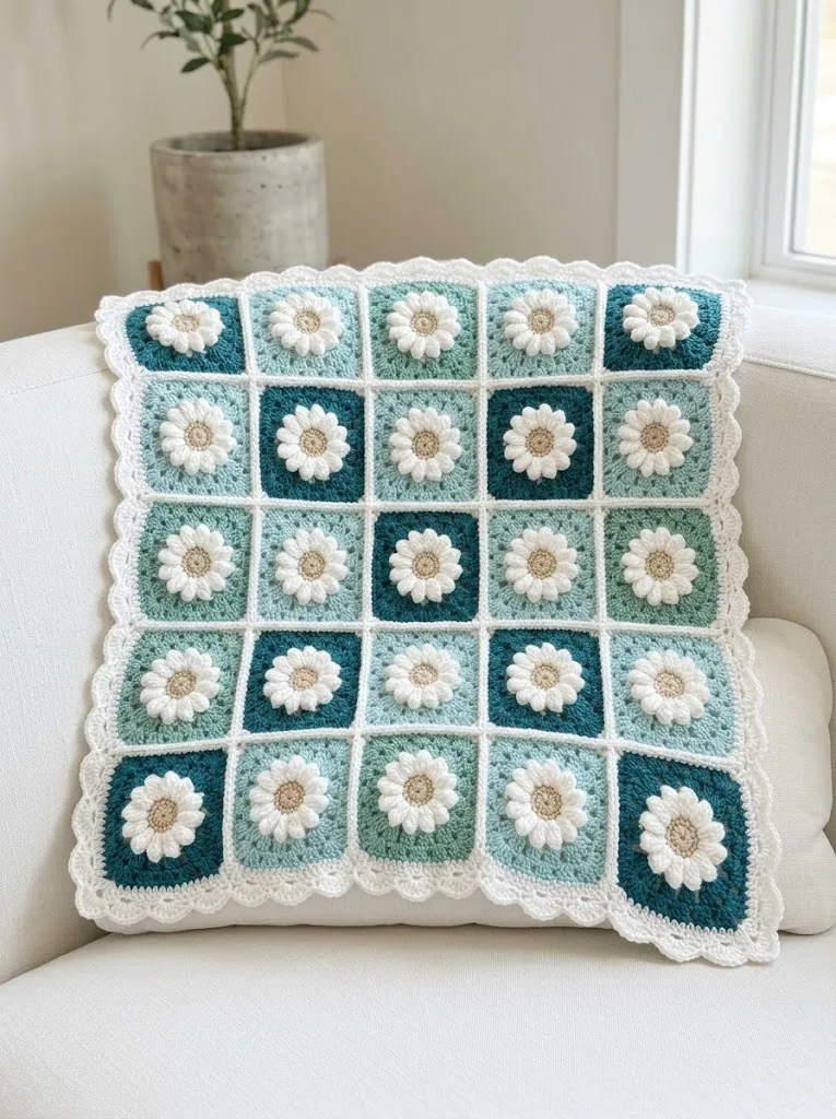 Ocean Blue Daisy Granny Square Blanket Free Crochet Pattern