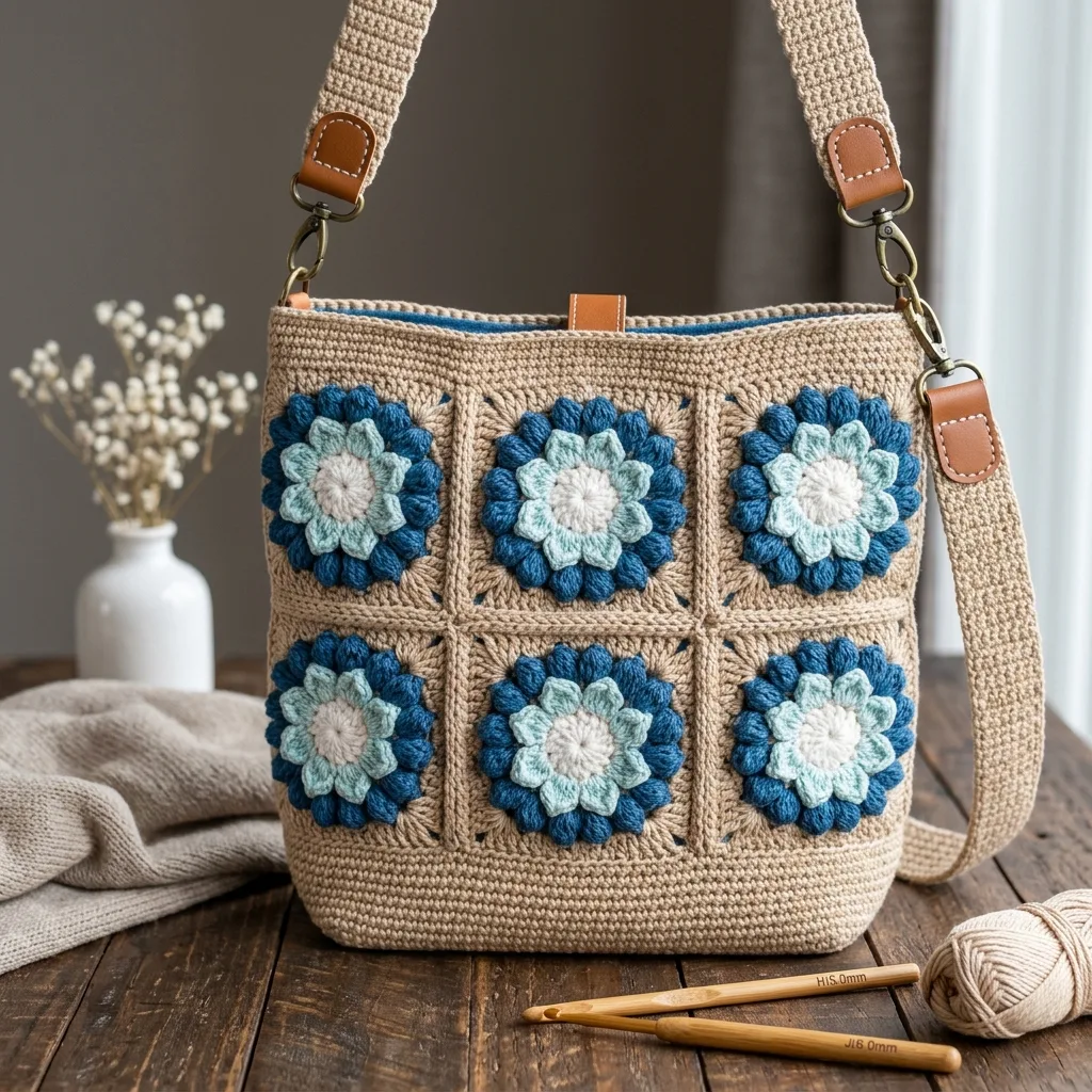 Ocean Blue Floral Granny Square Bag Free Crochet Pattern