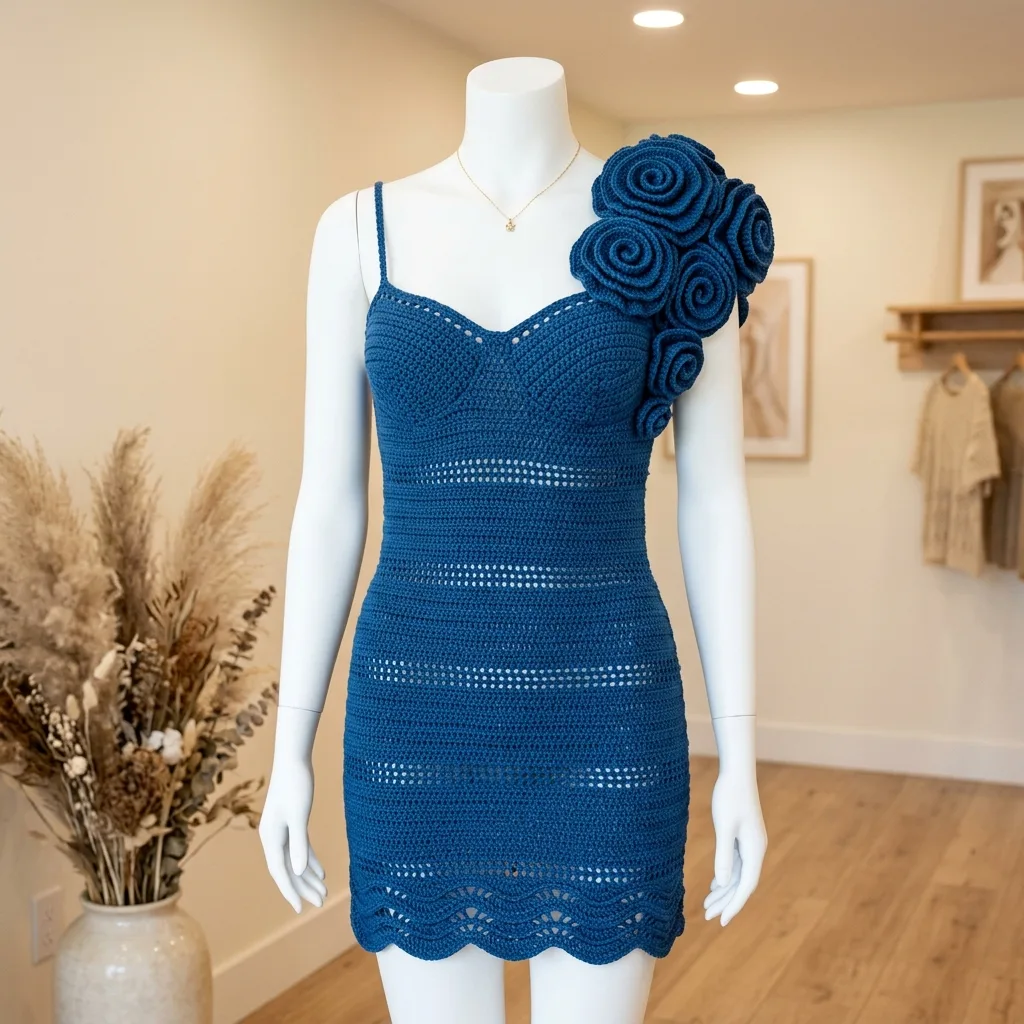 Ocean Blue Floral Shoulder Dress Free Crochet Pattern