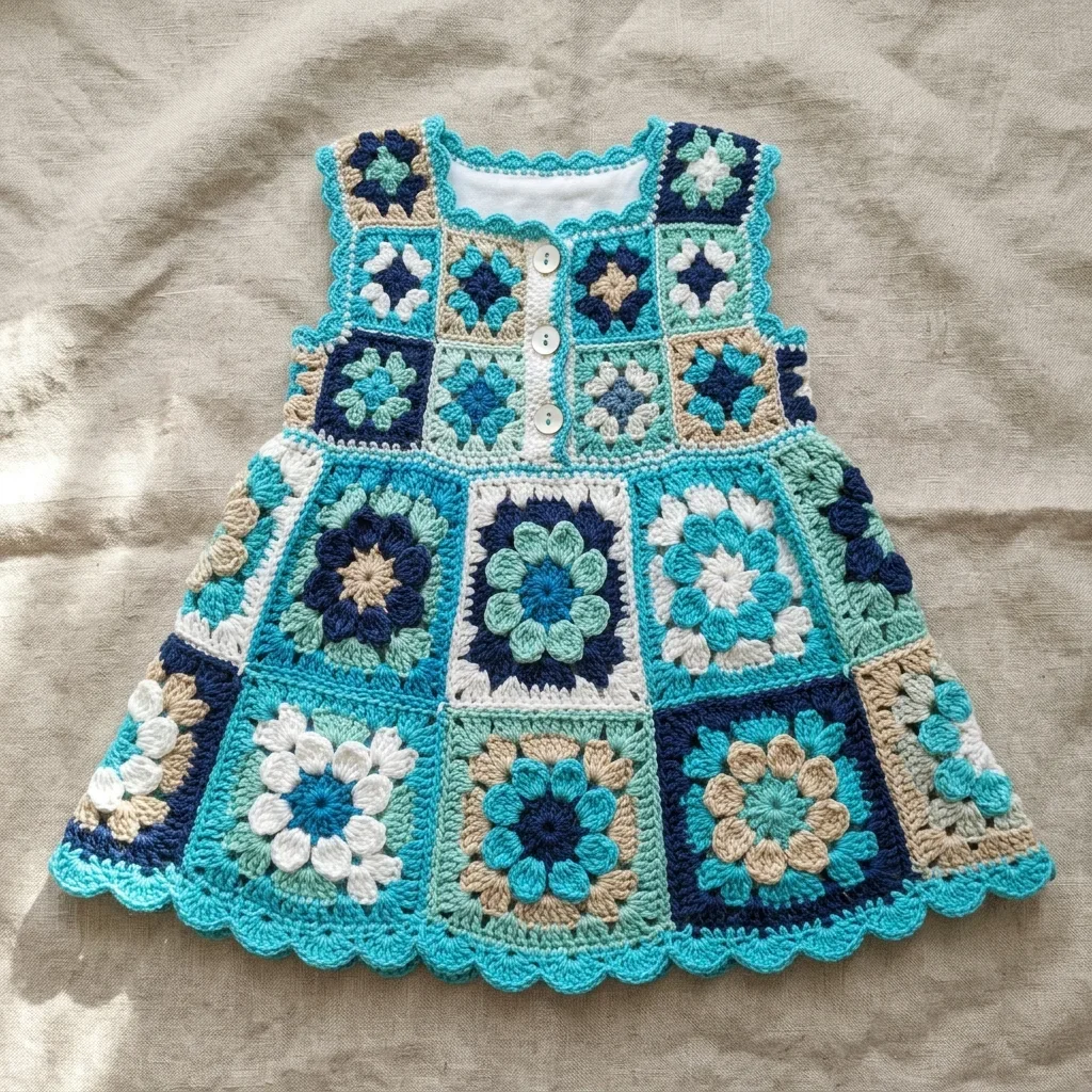 Ocean Blue Granny Square Baby Dress Free Crochet Pattern