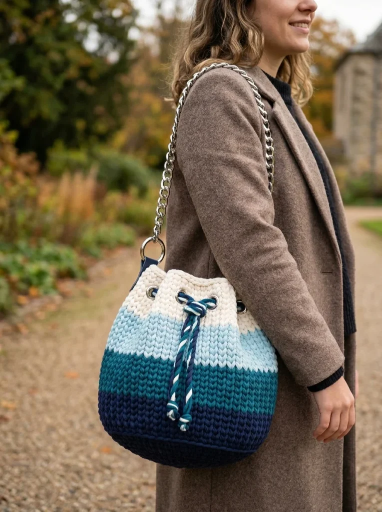Ocean Blue Ombre Drawstring Bucket Bag Free Crochet Pattern